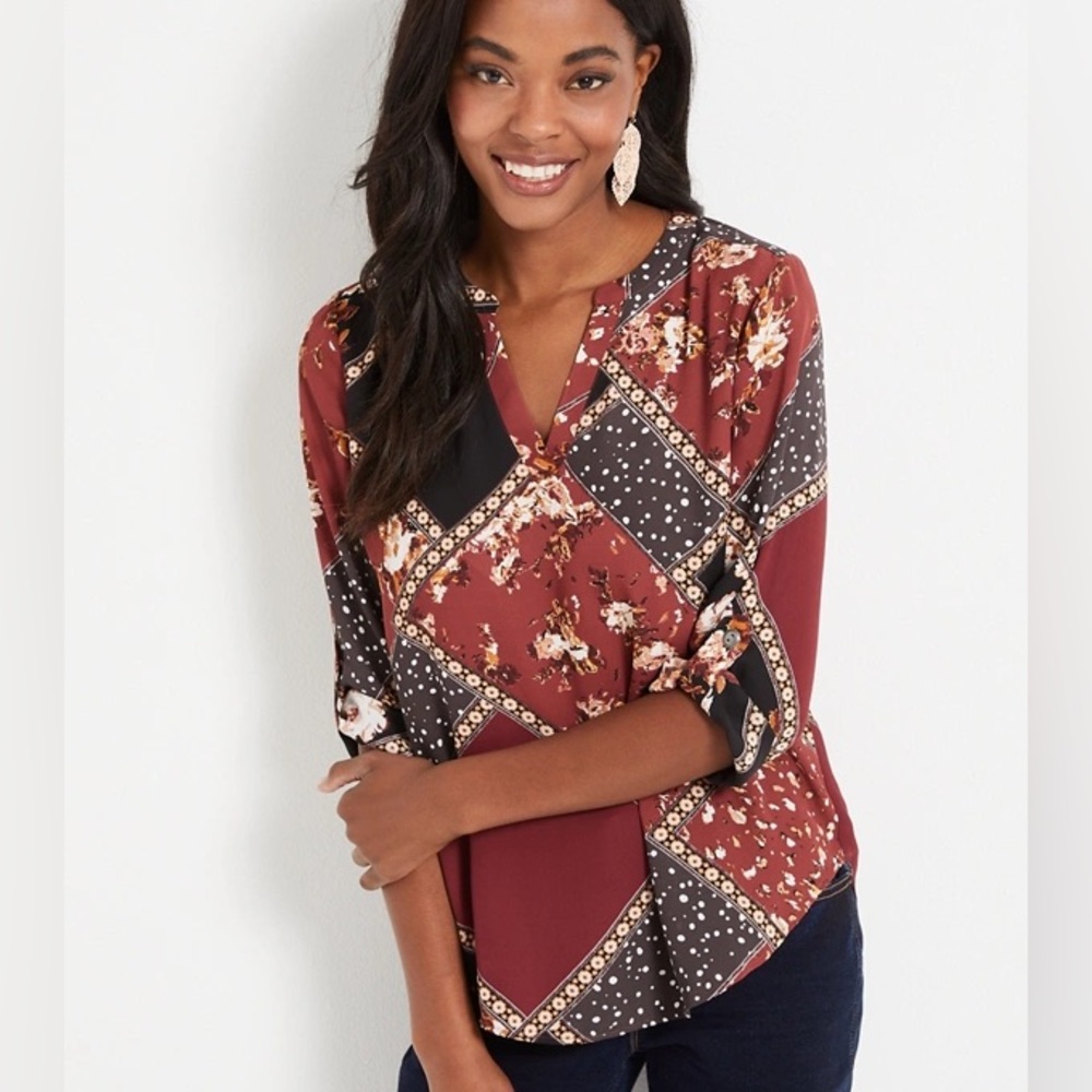 Maurices Atwood Floral Red Popover Blouse – 3/4 Sleeve V-Neck Boho Top Size M